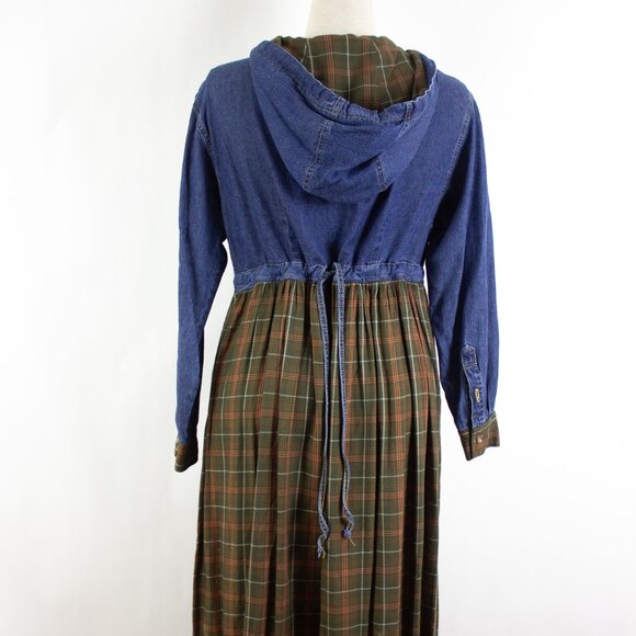 Vtintage Jones New York Denim Maxi Dress Hooded Contrast Plaid Modest Prairie - Picture 7 of 9